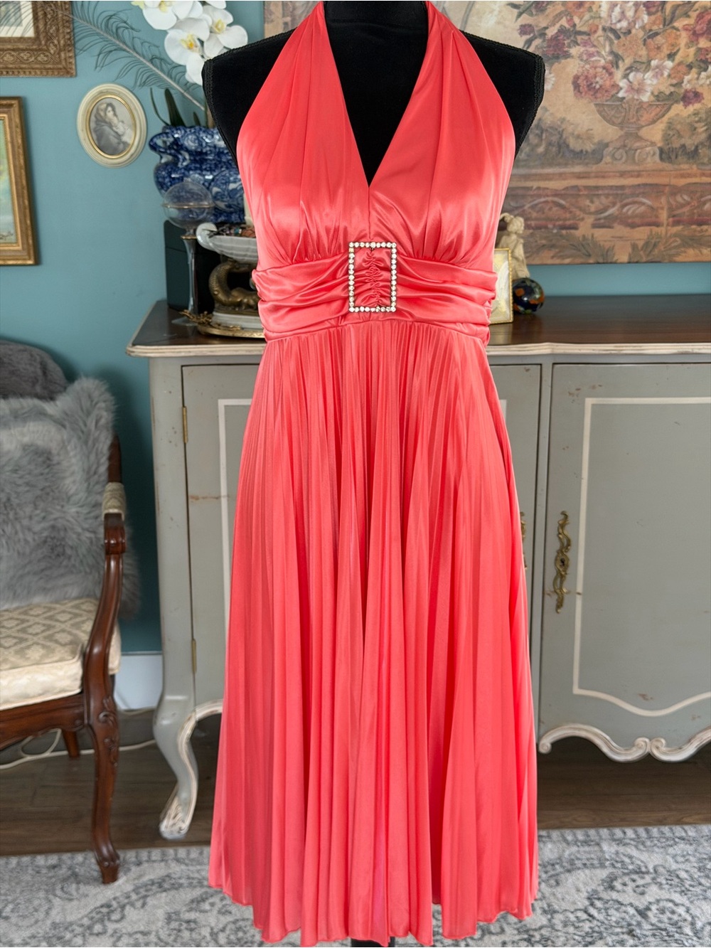 Y2K B Smart Coral Halter Pleated Midi Dress with Rhinestone Buckle